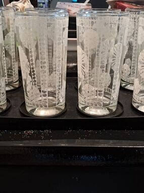 Vintage COLONY Floral Highball Glasses - Clear Glass (Set) Including Tray